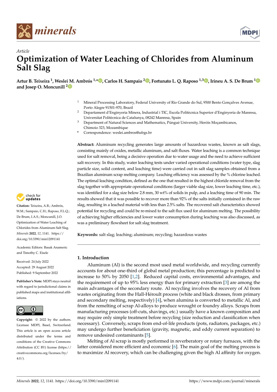 First page of Optimization of Water Leaching of Chlori