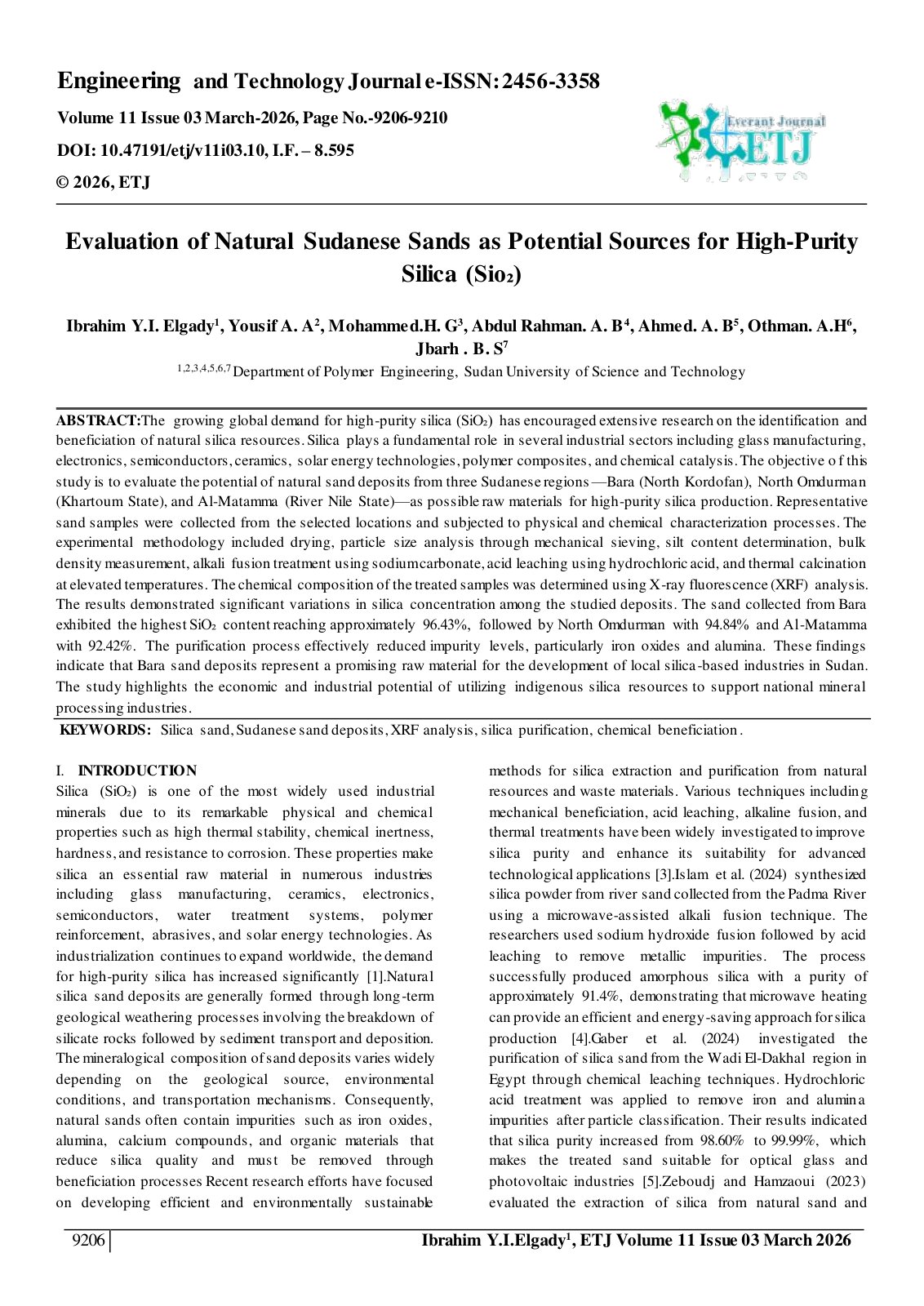First page of Evaluation of Natural Sudanese Sands as Potential Sources for High-Purity  Silica (Sio₂)
