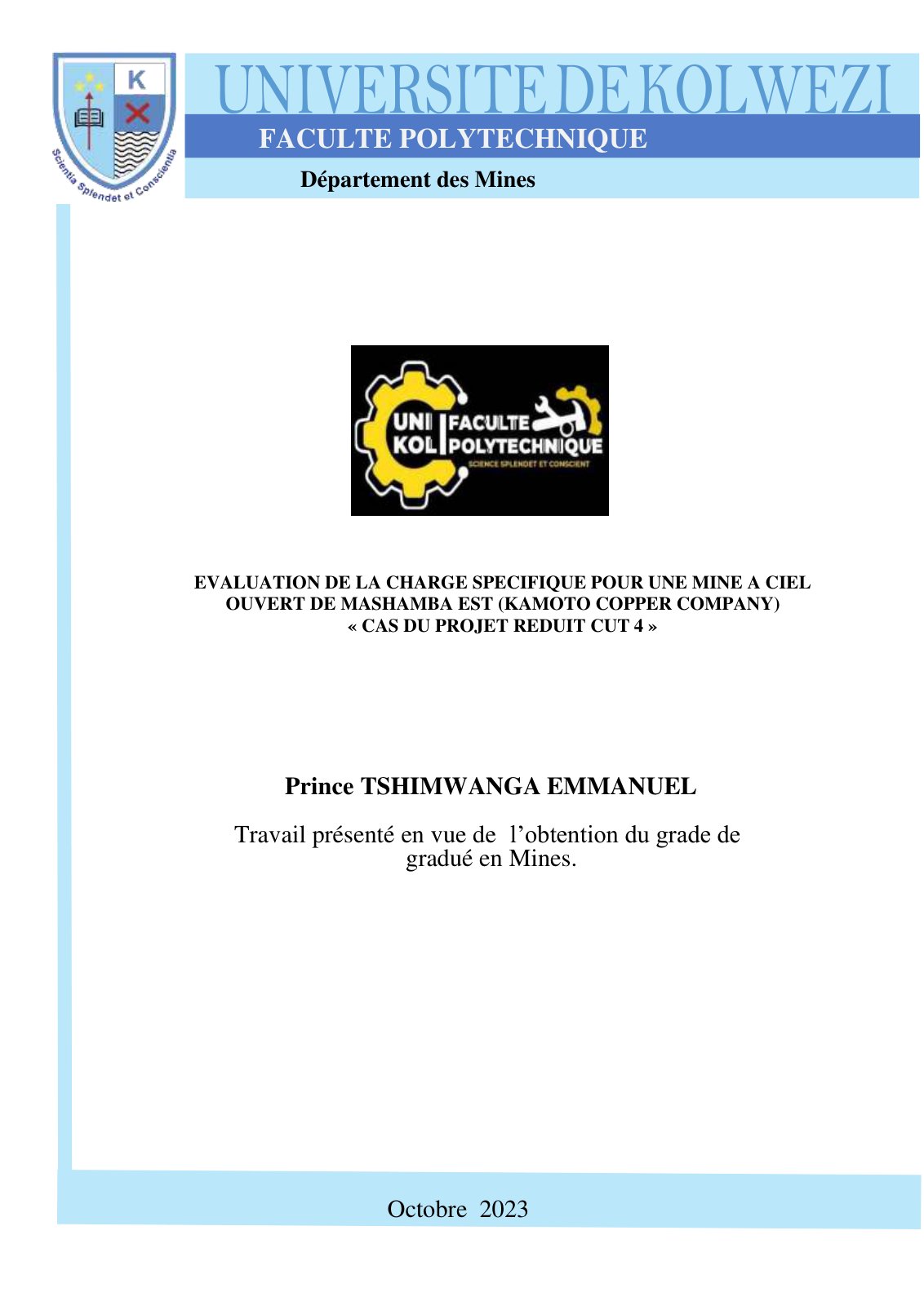 First page of ÉVALUATION DE LA CHARGE SPECIFIQUE POUR UNE MINE A CIEL OUVERT DE MASHAMBA EST (KAMOTO COPPER COMPANY) « CAS DU PROJET REDUIT CUT 4 »
