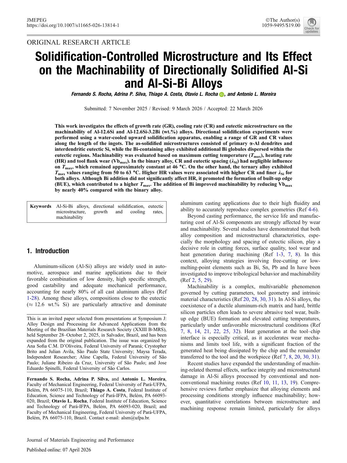 First page of 2026 Rocha AlSi AlSiBi Solidification Microstructure
