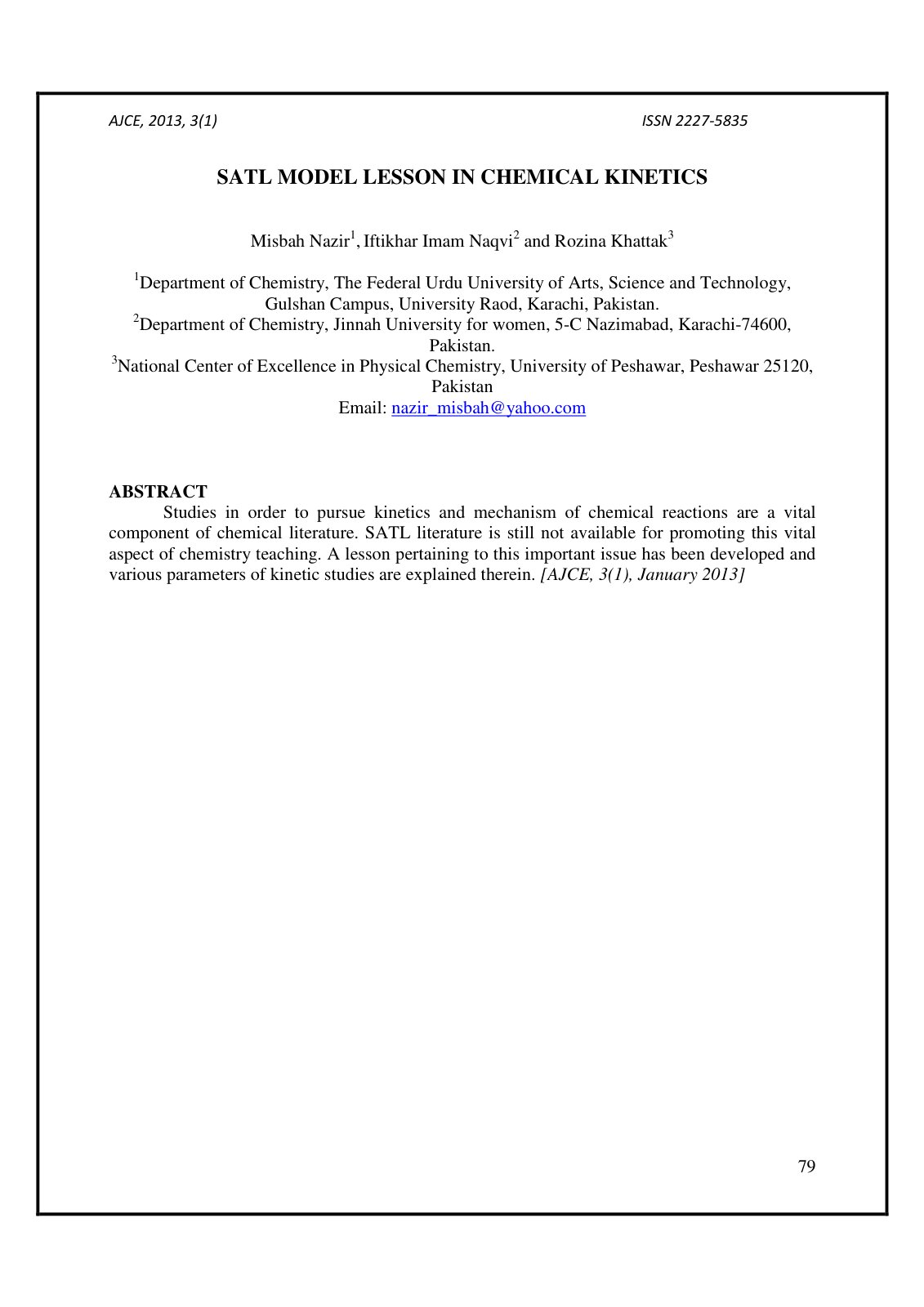 First page of SATL MODEL LESSON IN CHEMICAL KINETICS