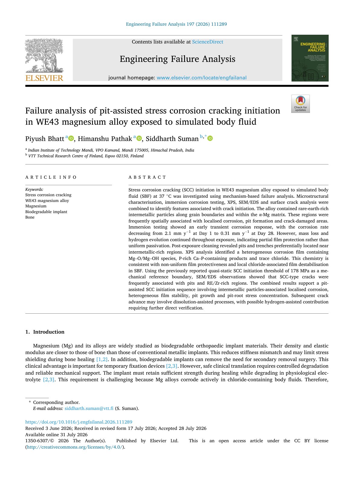 First page of Failure analysis of pit assisted stress corrosion cracking 2026 Engineering 