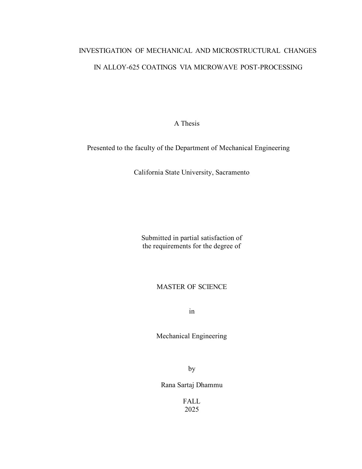 First page of 2025 Kaur Alloy 625 HVOF Coating Microwave Postprocessing Thesis