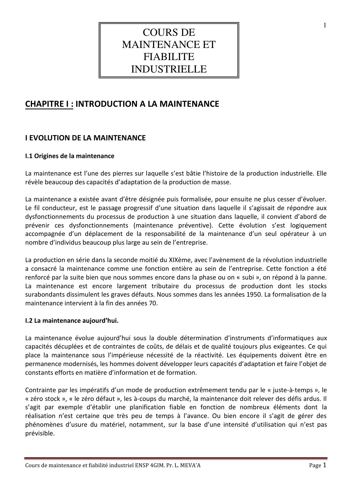 First page of Cours de technique de maintenance
