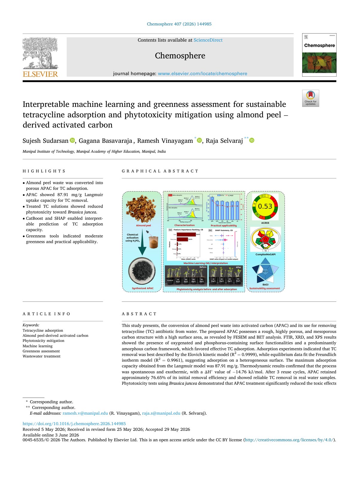 First page of Interpretable machine learning and greenness assessment for sustai 2026 Chem