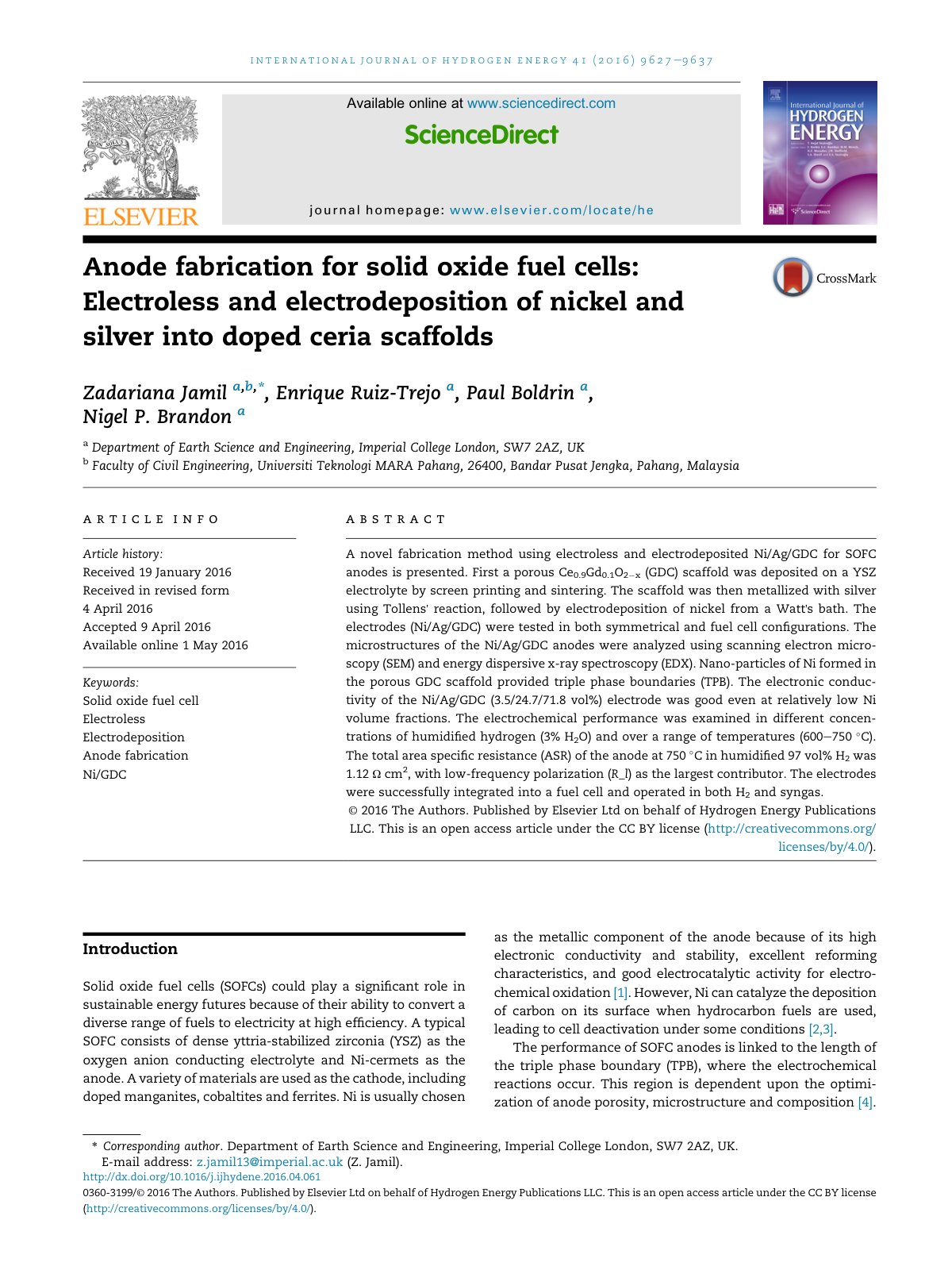 First page of Anode fabrication for solid oxide fuel cells: Electroless and electrodeposition of nickel and silver into doped ceria scaffolds