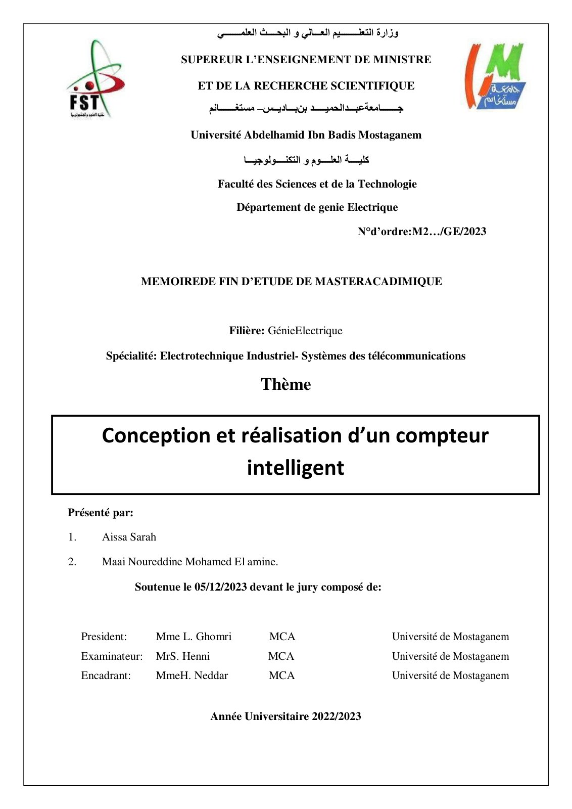First page of MEMOIRE FINAL PDF aissa sarah norddine maai