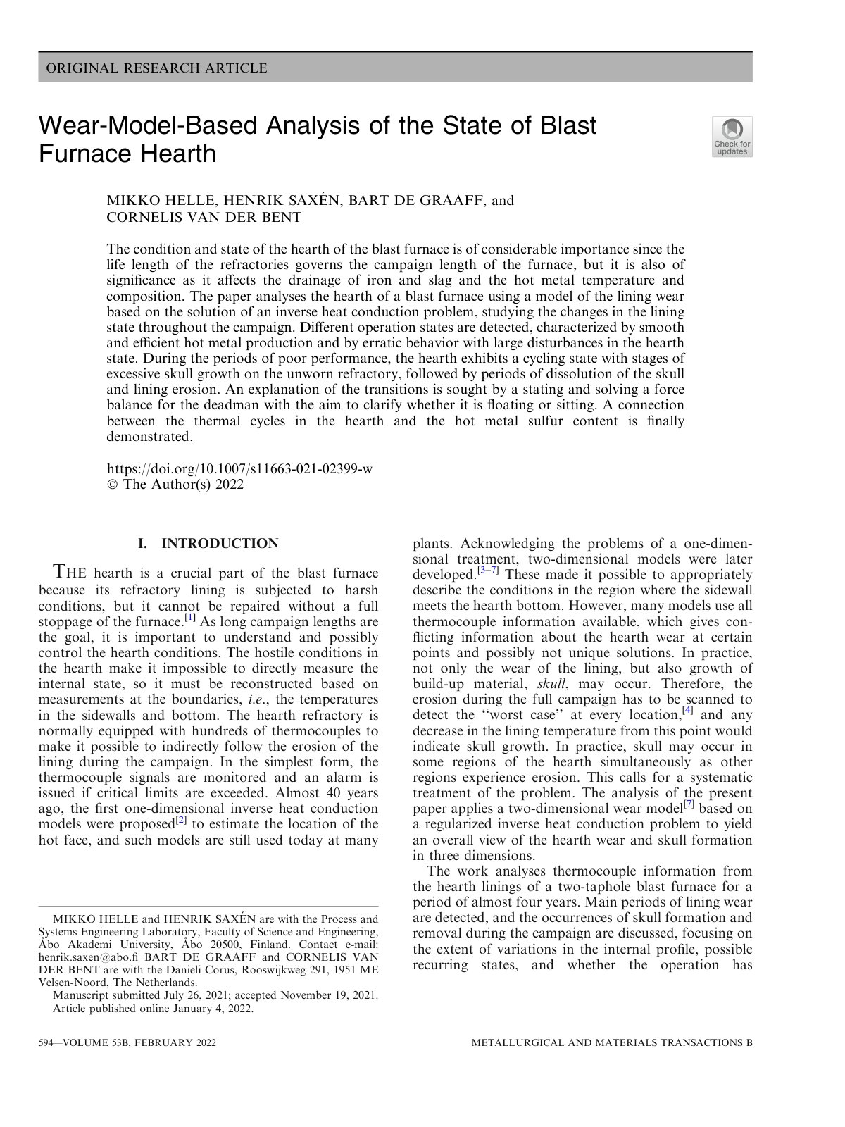 First page of Wear-Model-Based Analysis of the State of Blast Furnace Hearth