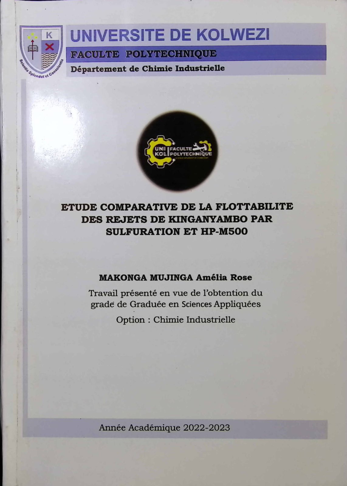 First page of ETUDE COMPARATIVE DE LA FLOTTABILITE DES REJETS DE KINGANYAMBO PAR SULFURATION ET HP-M500