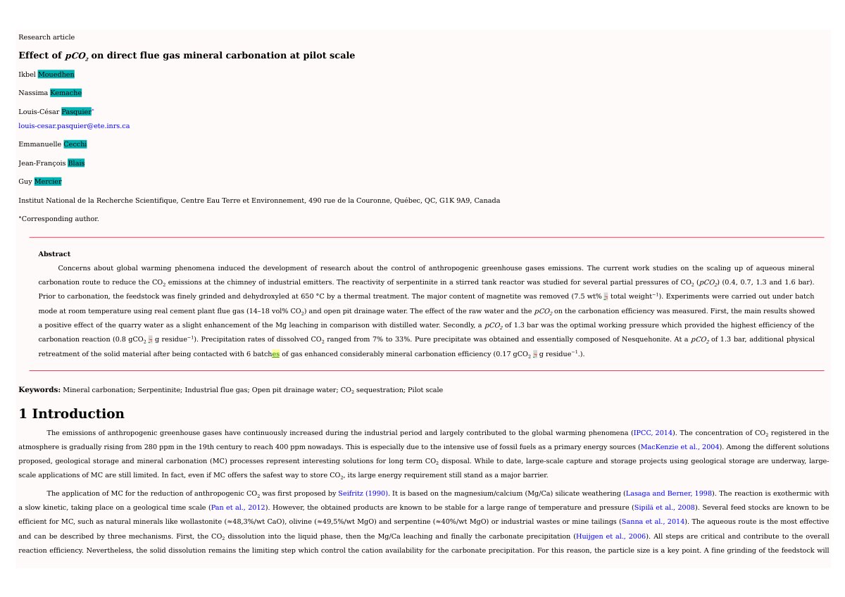 First page of Effect of pCO 2 on direct flue gas miner