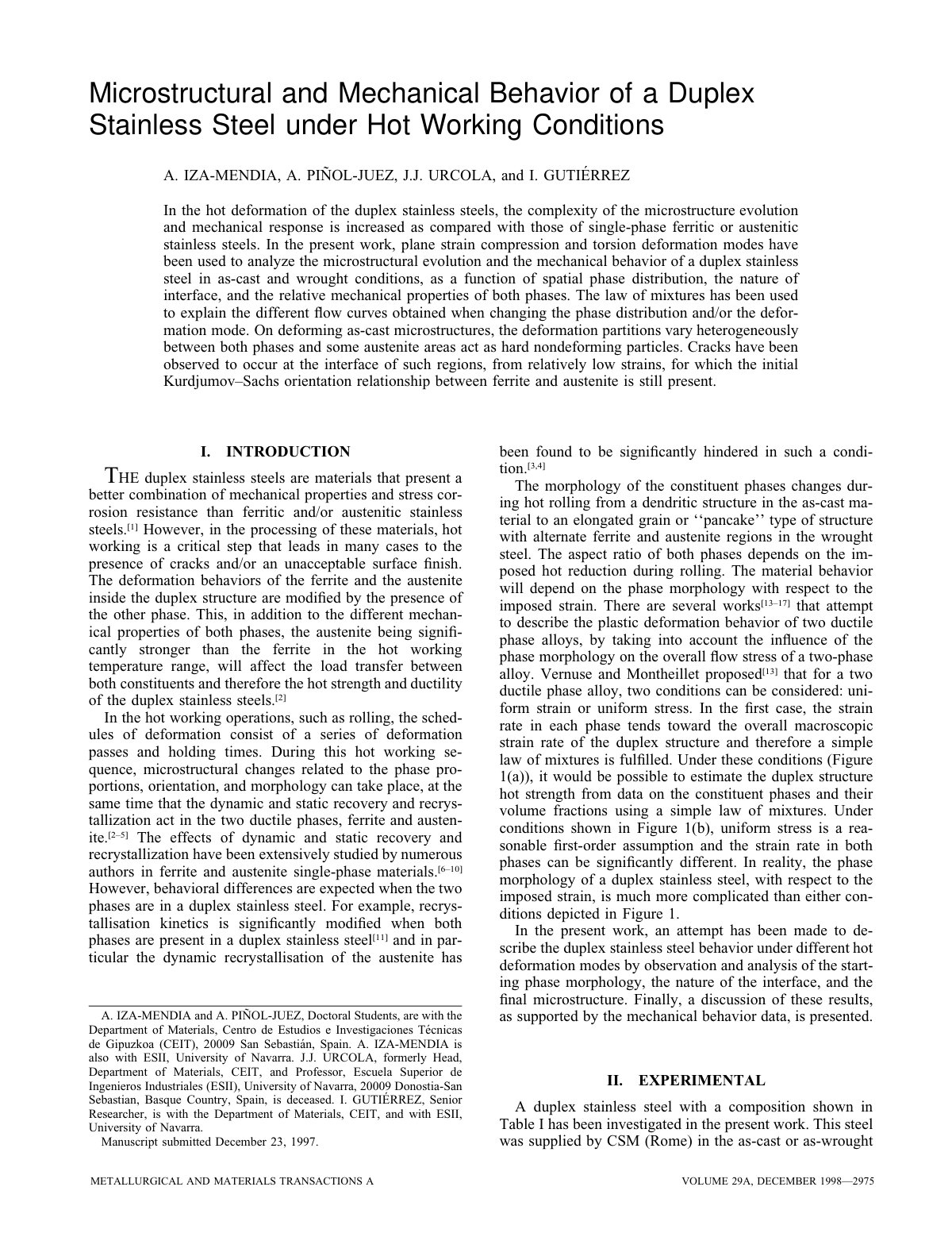 First page of Microstructural and Mechanical Behavior of a Duplex Stainless Steel under Hot Working Conditions
