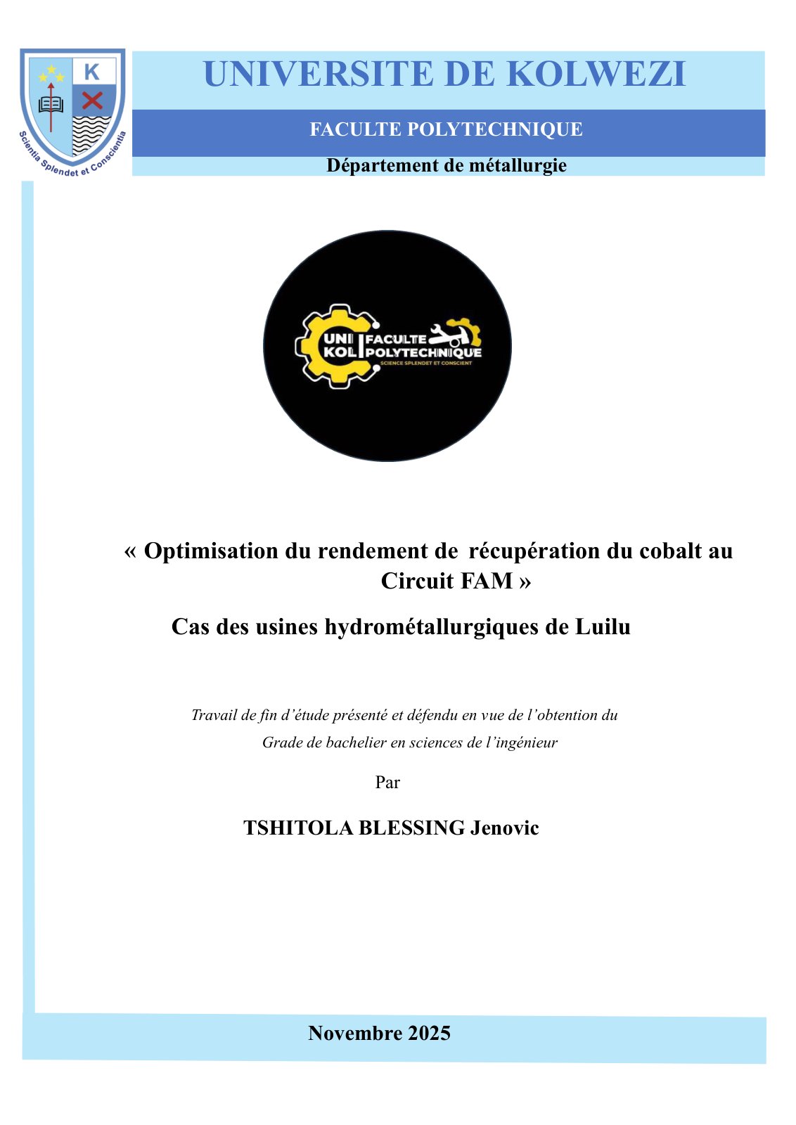 First page of Optimisation du rendement de récupération du Cobalt au circuit FAM, cas des usines de Luilu (KCC)