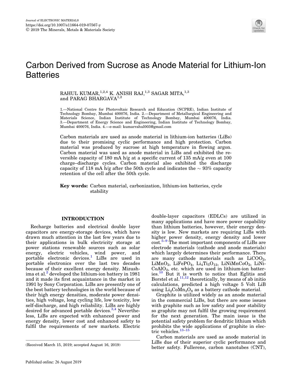 First page of Carbon Derived from Sucrose as Anode Mat