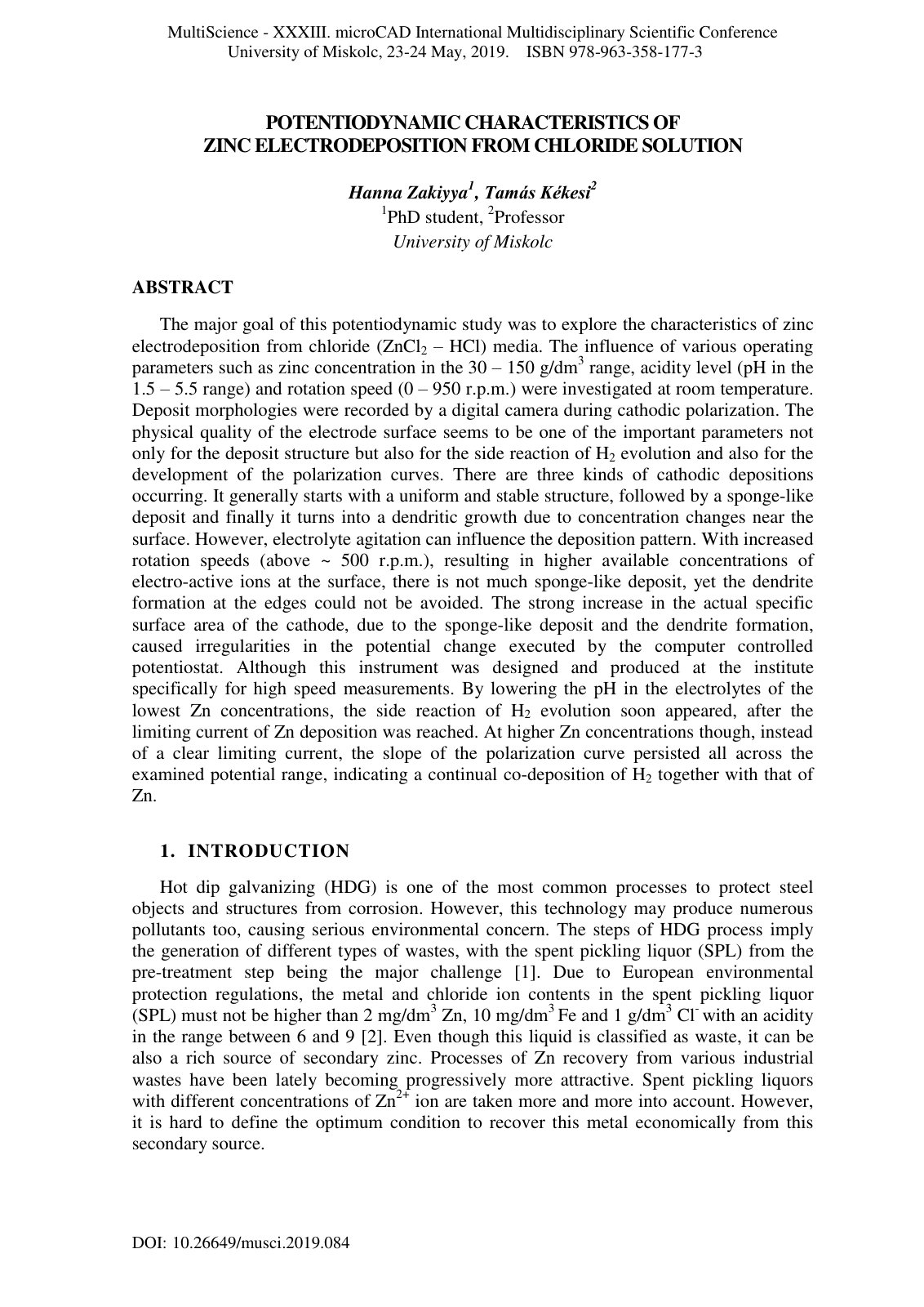 First page of POTENTIODYNAMIC CHARACTERISTICS OF ZINC ELECTRODEPOSITION FROM CHLORIDE SOLUTION