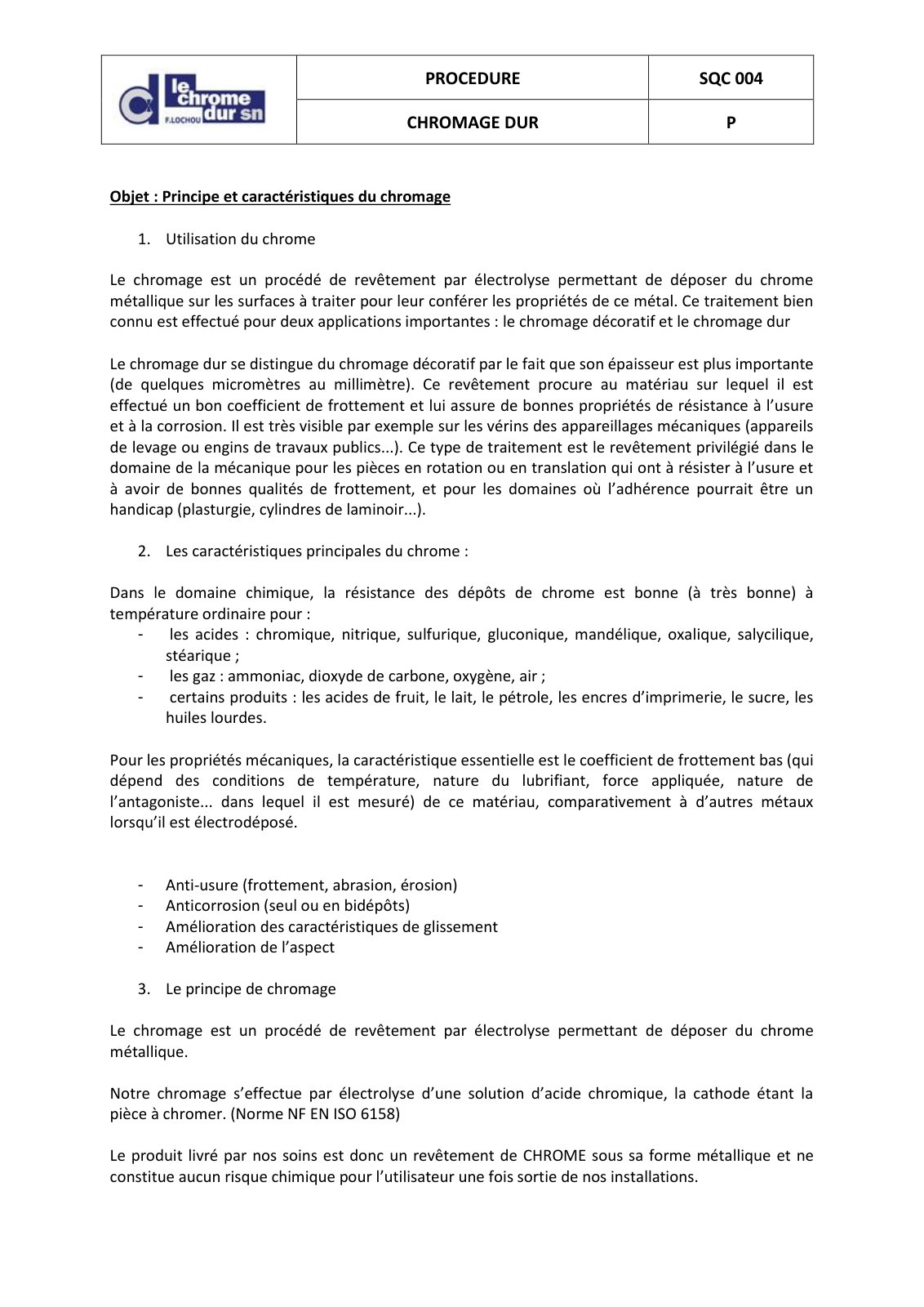 First page of PROCEDURE CHROMAGE DURCLIENT