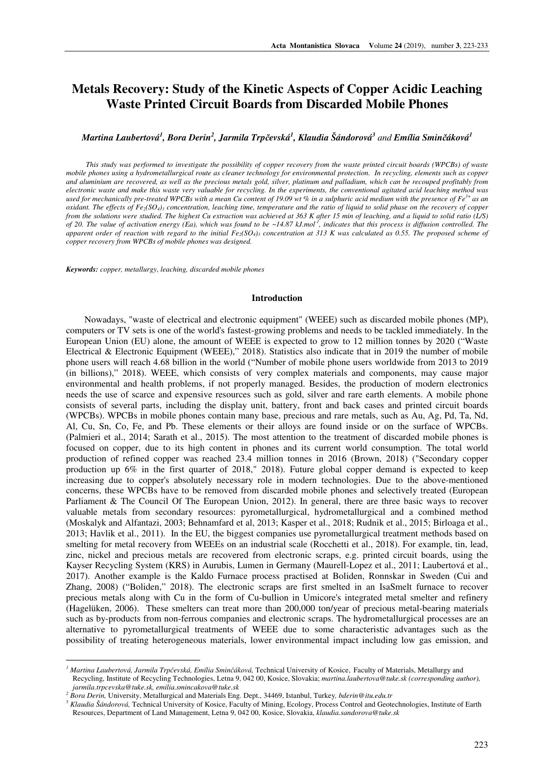 First page of Metals Recovery: Study of the Kinetic Aspects of Copper Acidic Leaching Waste Printed Circuit Boards from Discarded Mobile Phones