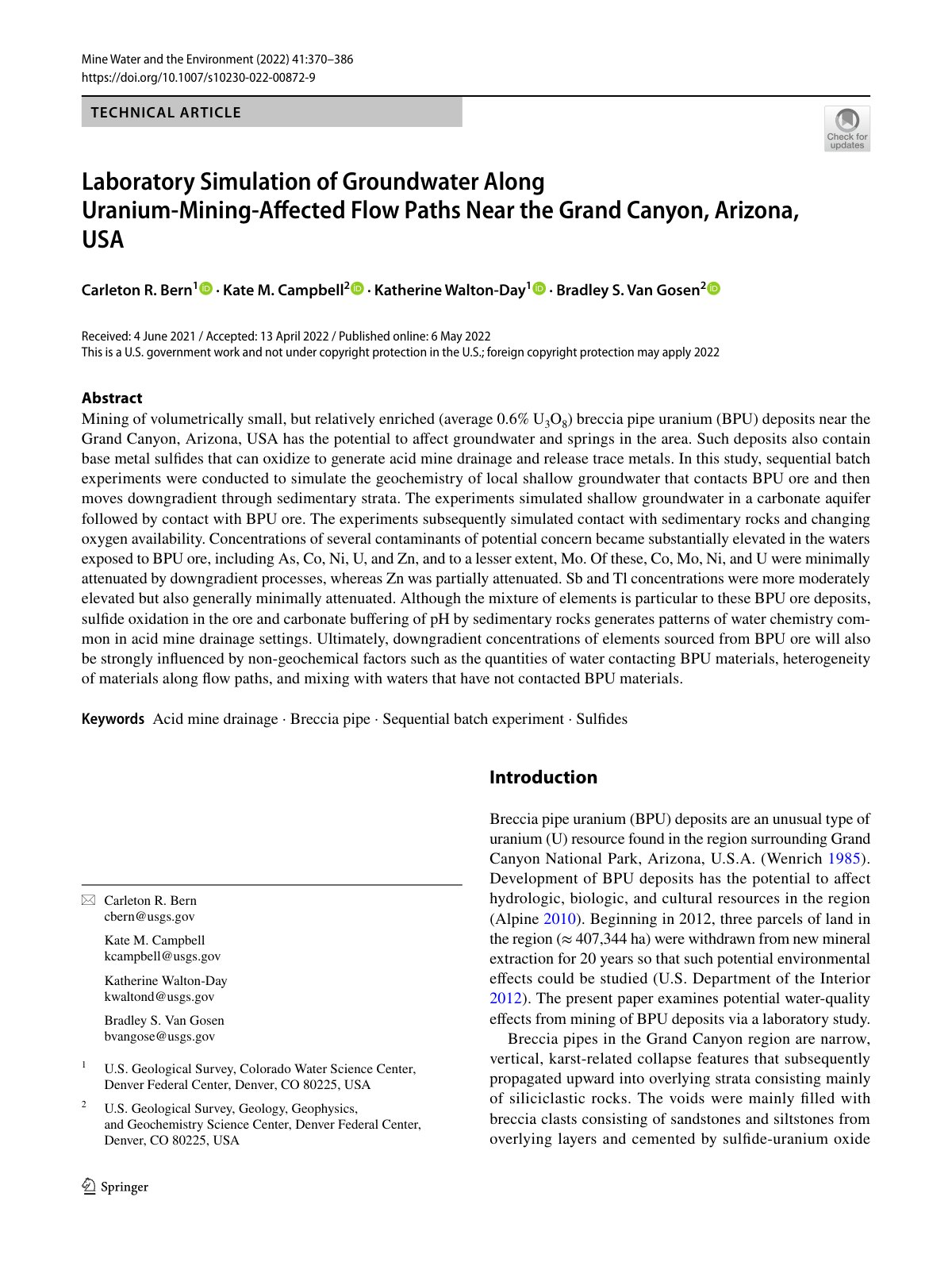 First page of Laboratory Simulation of Groundwater Along Uranium‑Mining‑Affected Flow Paths Near the Grand Canyon, Arizona, USA