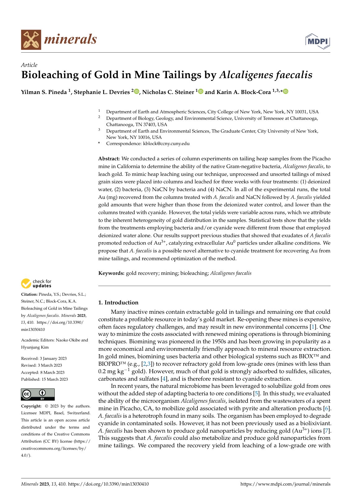 First page of Bioleaching of Gold in Mine Tailings by Alcaligenes faecalis