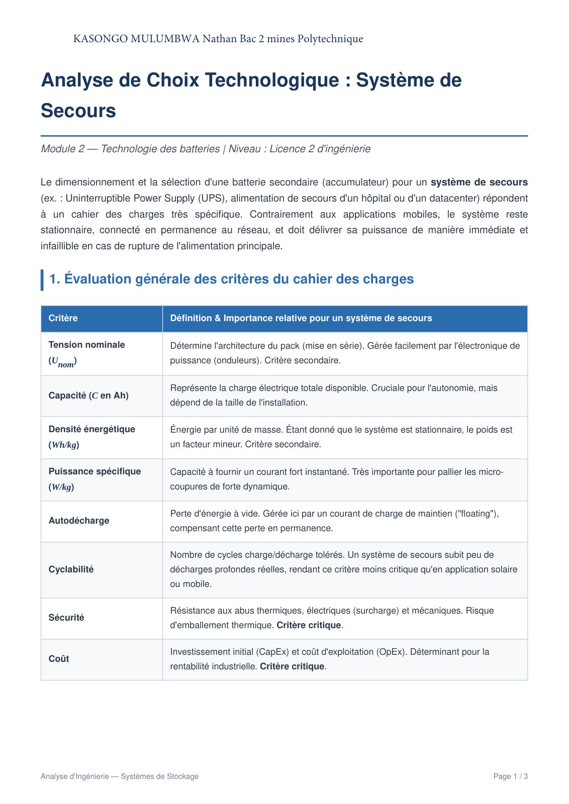 First page of Analyse de Choix Technologique : Système de Secours