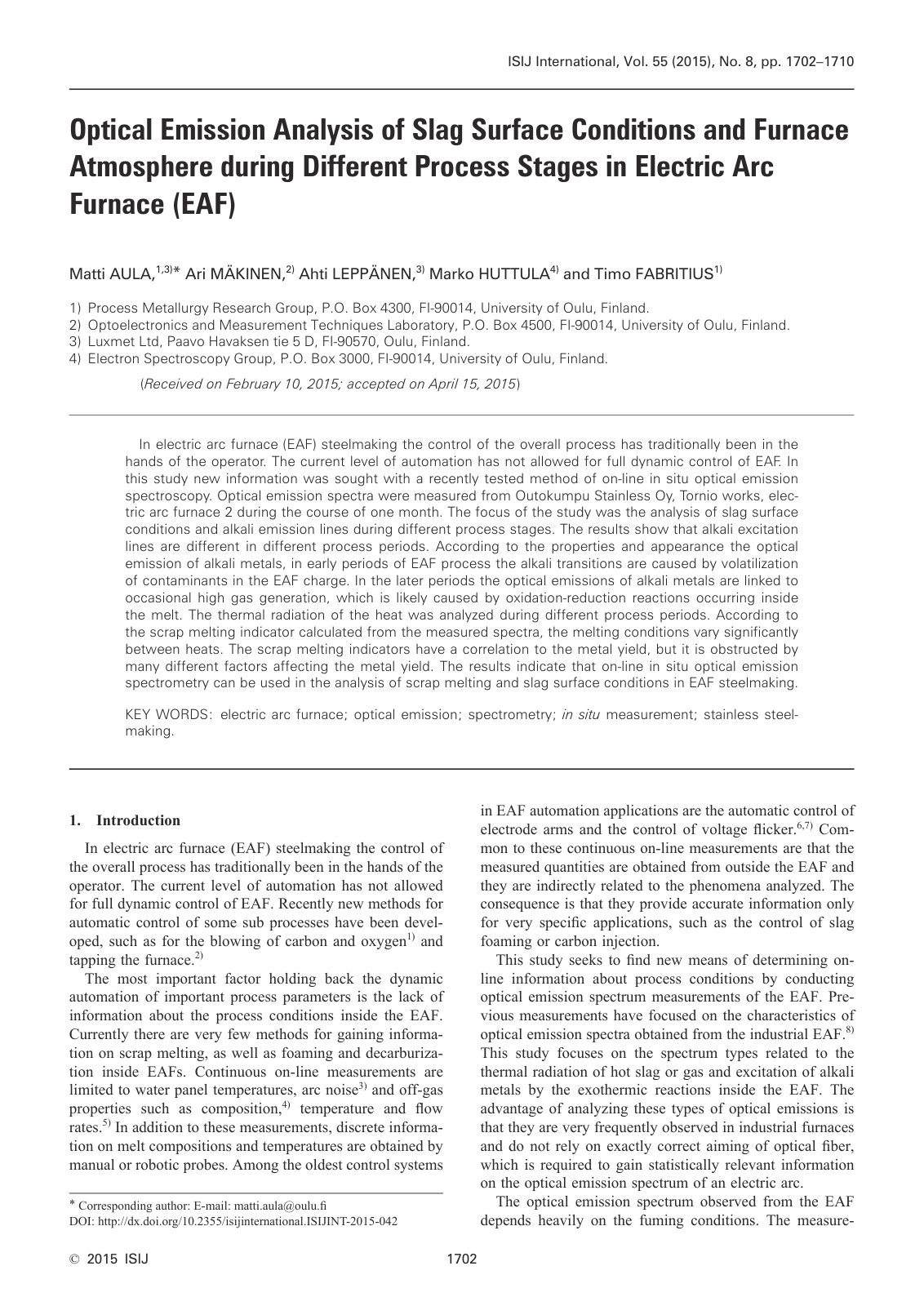 First page of Optical Emission Analysis of Slag Surface Conditions and Furnace Atmosphere during Different Process Stages in Electric Arc Furnace (EAF)