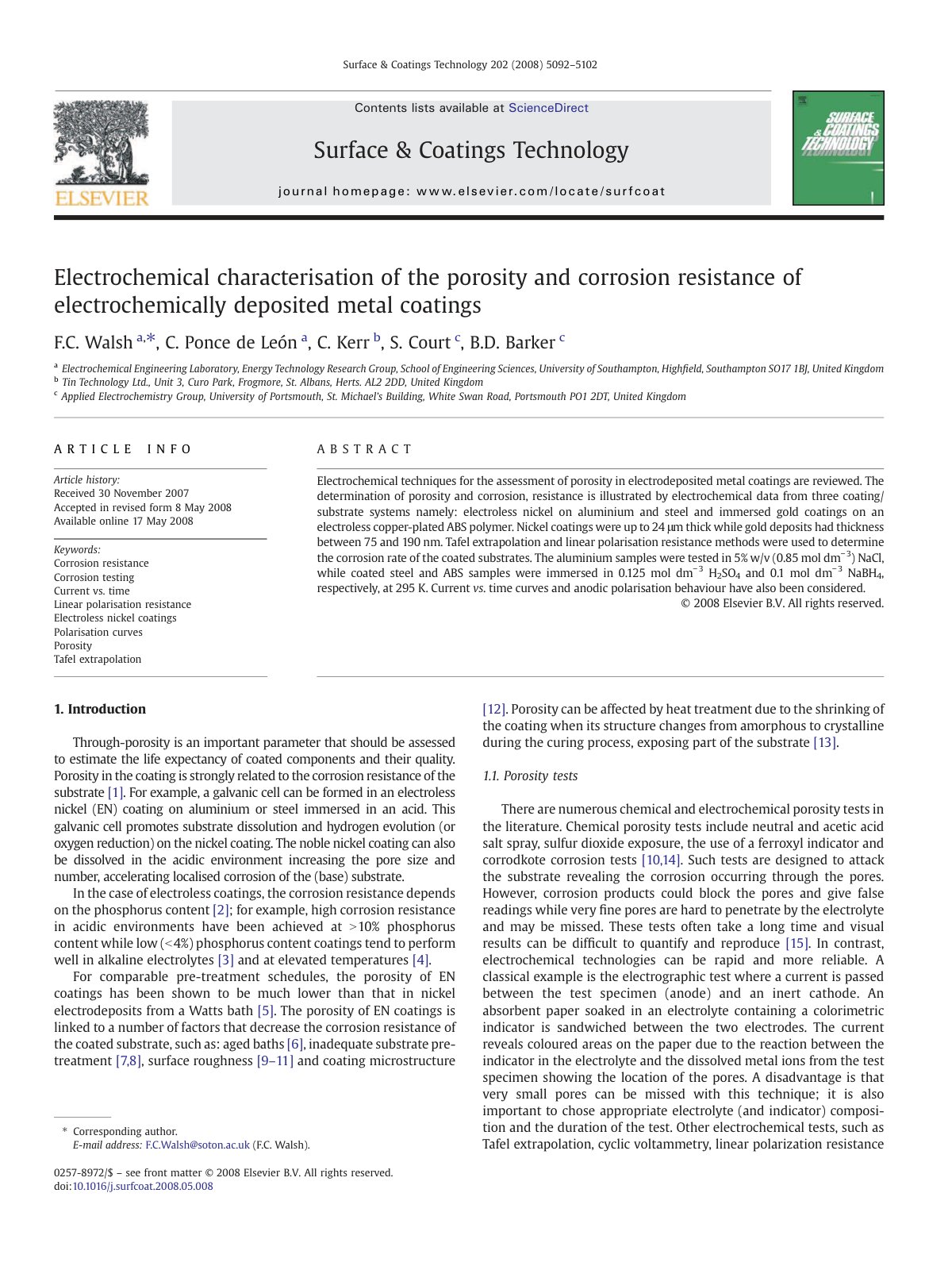 First page of Electrochemical characterisation of the porosity and corrosion resistance of electrochemically deposited metal coatings
