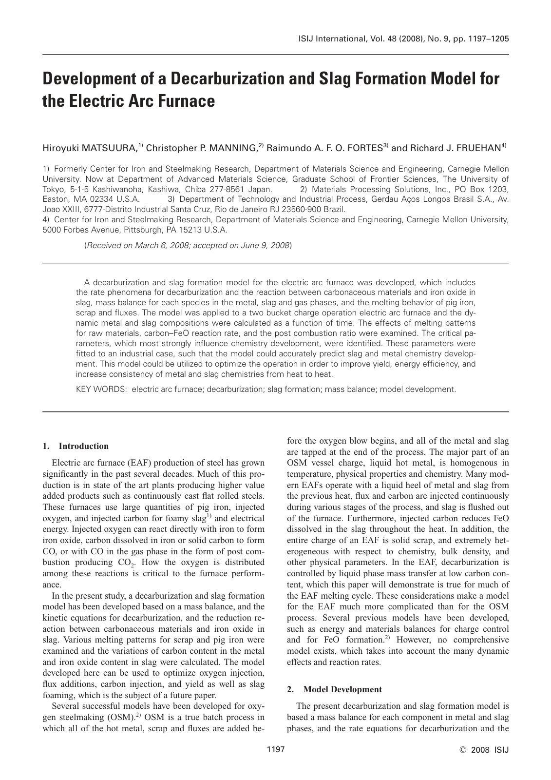 First page of 2008 Hiroyuki Matsuura Development of a Decarburization and Slag Formation Model for the Electric Arc Furnace isijinternational.48.1197