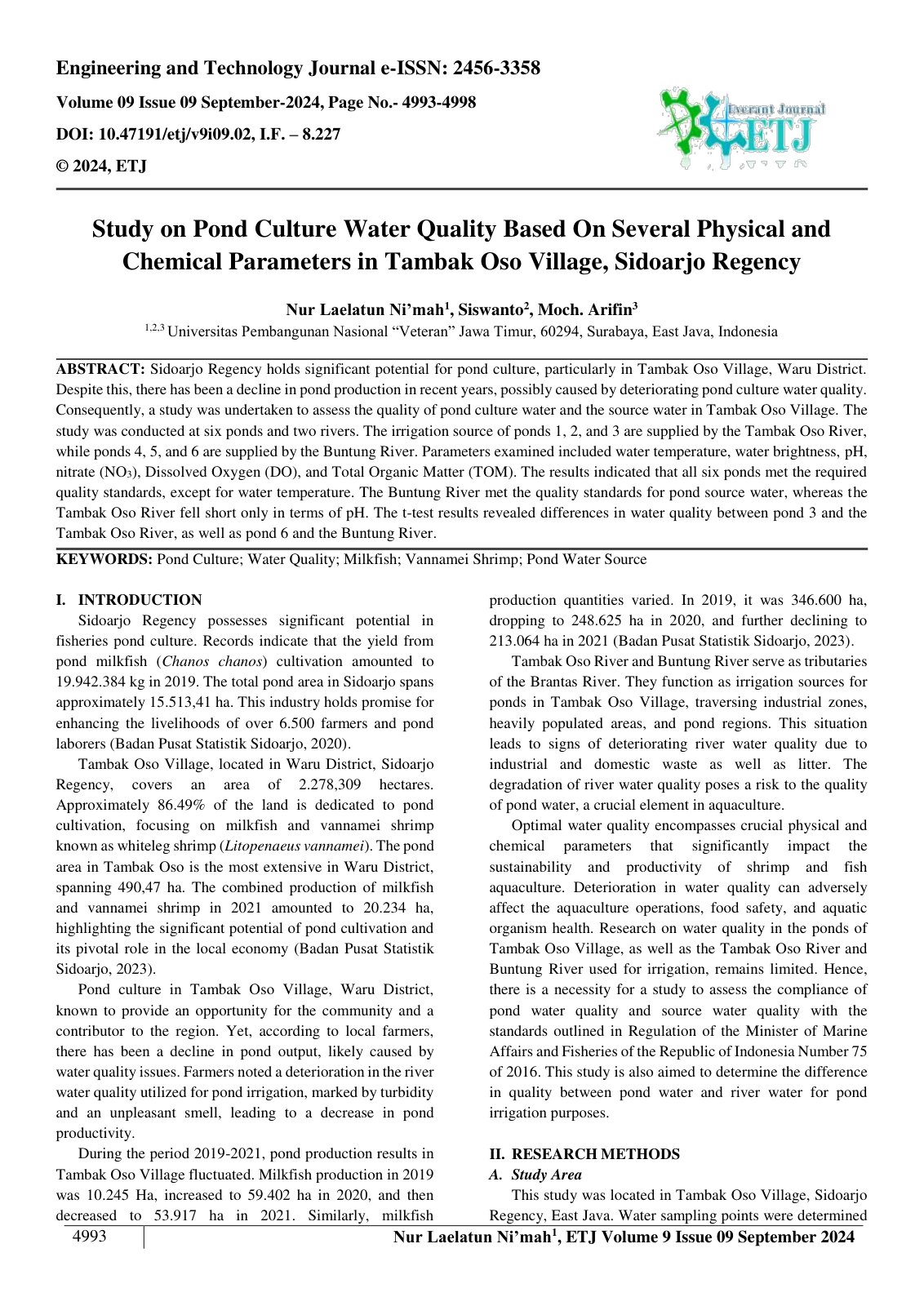First page of Study on Pond Culture Water Quality Based On Several Physical and 