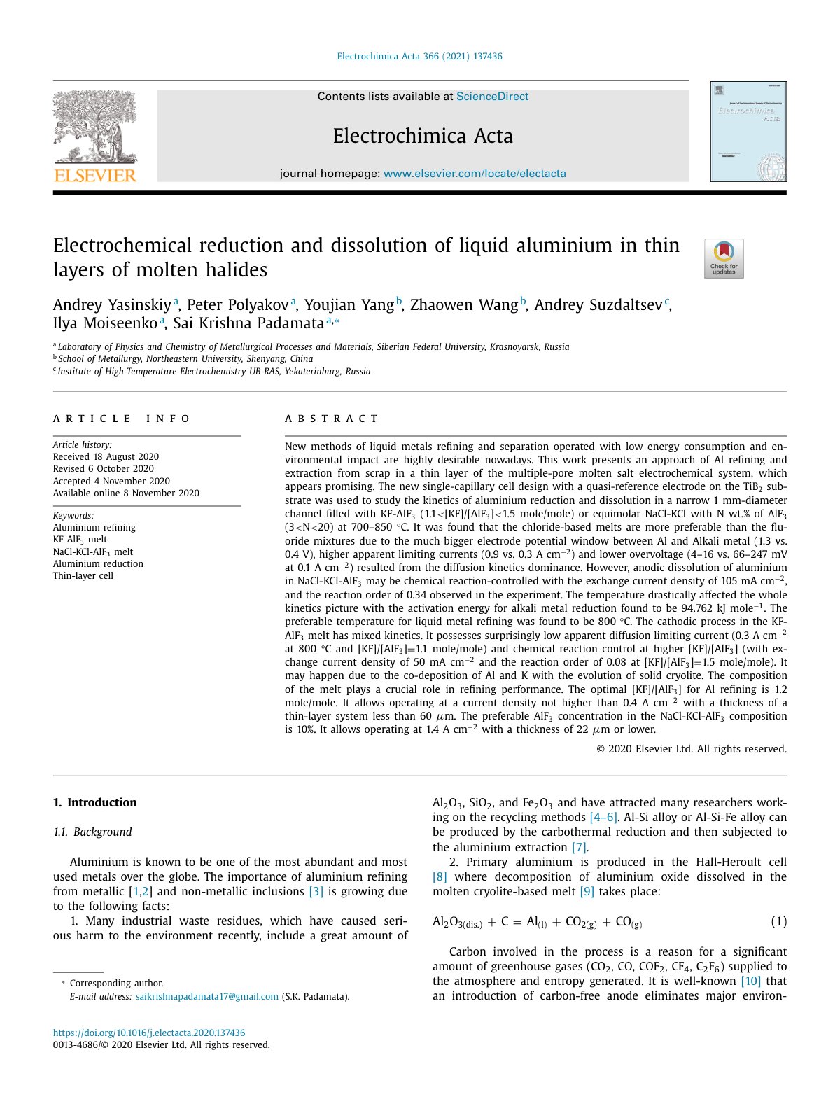 First page of Electrochemical reduction and dissolutio