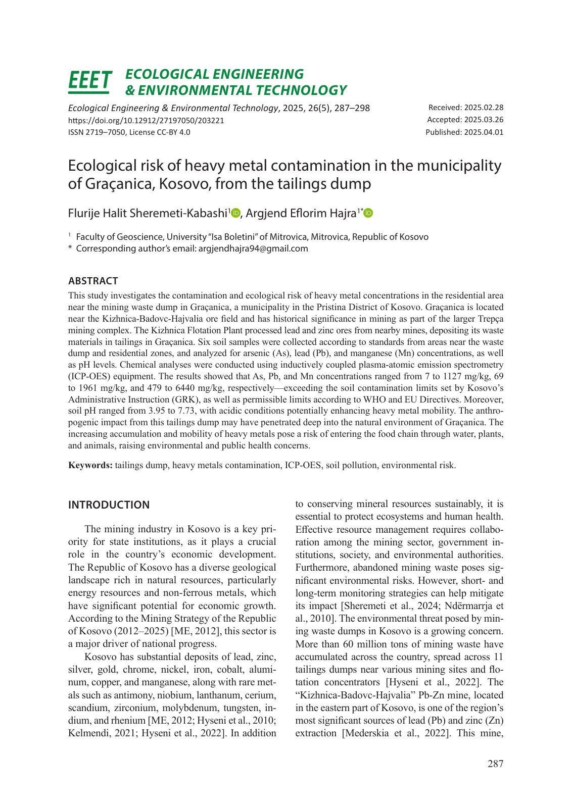 First page of Ecological risk of heavy metal contamination in the municipality of Graçanica, Kosovo, from the tailings dump