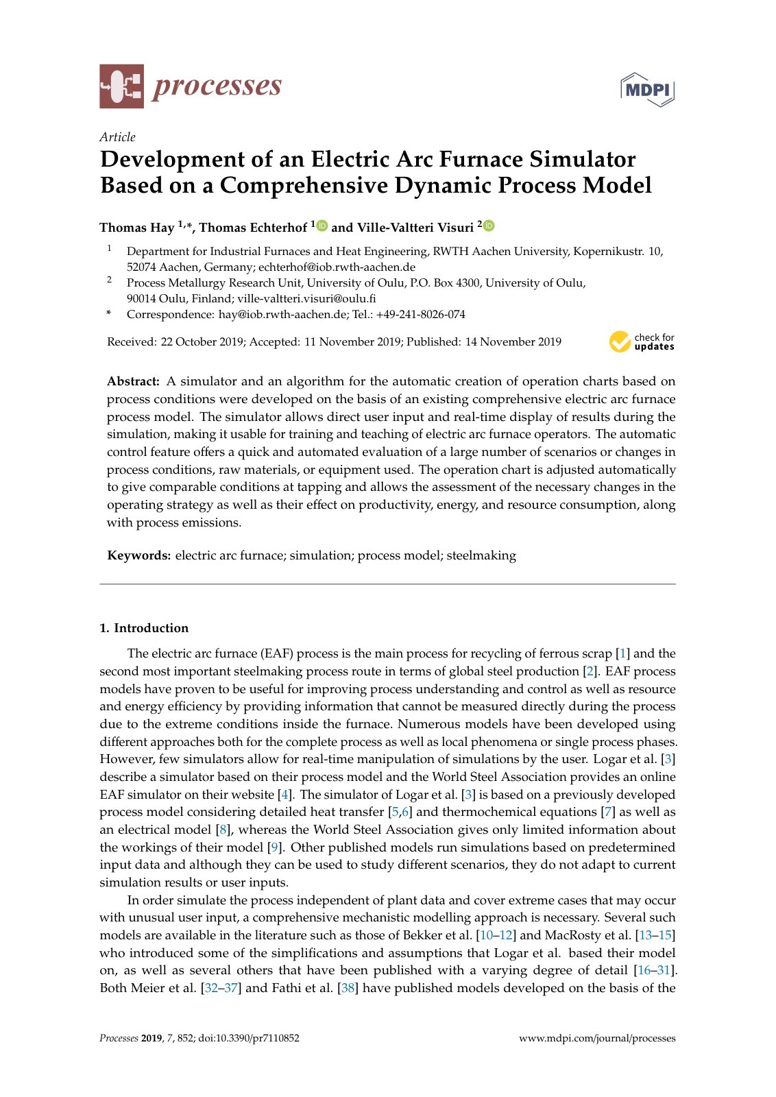 First page of Development of an Electric Arc Furnace Simulator Based on a Comprehensive Dynamic Process Model