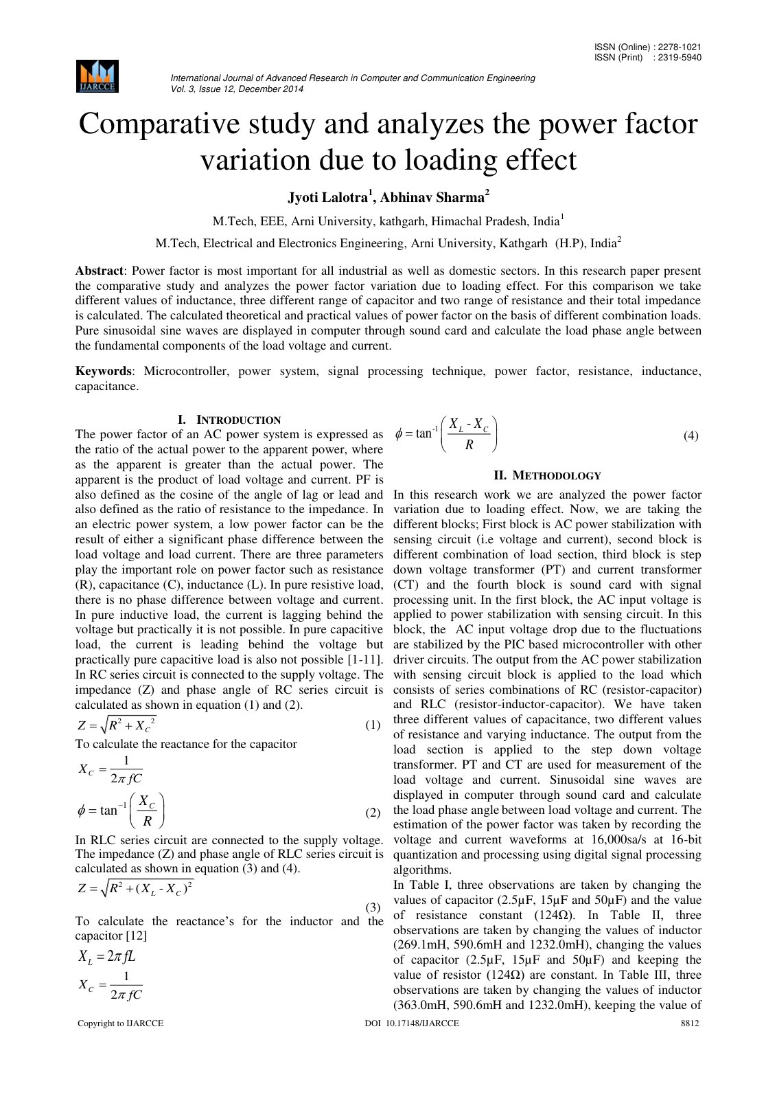 First page of Comparative study and analyzes the power factor variation due to loading effect