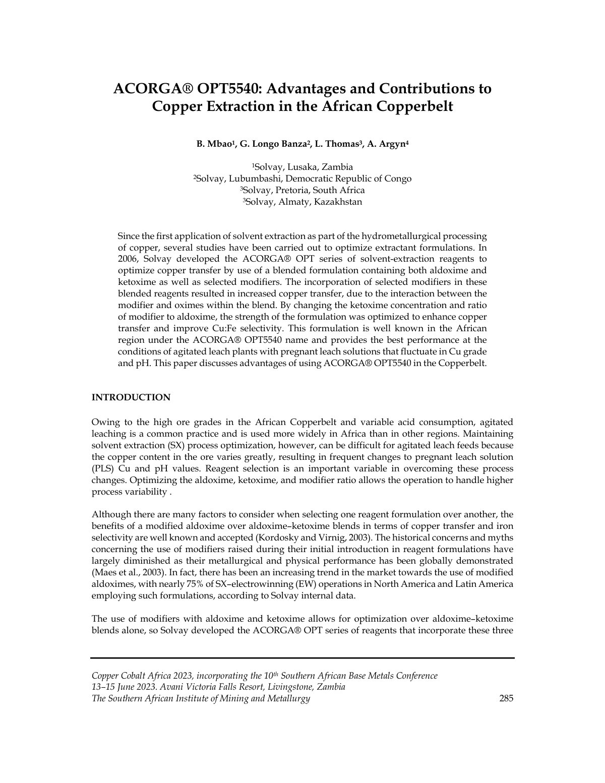First page of ACORGA® OPT5540: Advantages and Contributions to Copper Extraction in the African Copperbelt