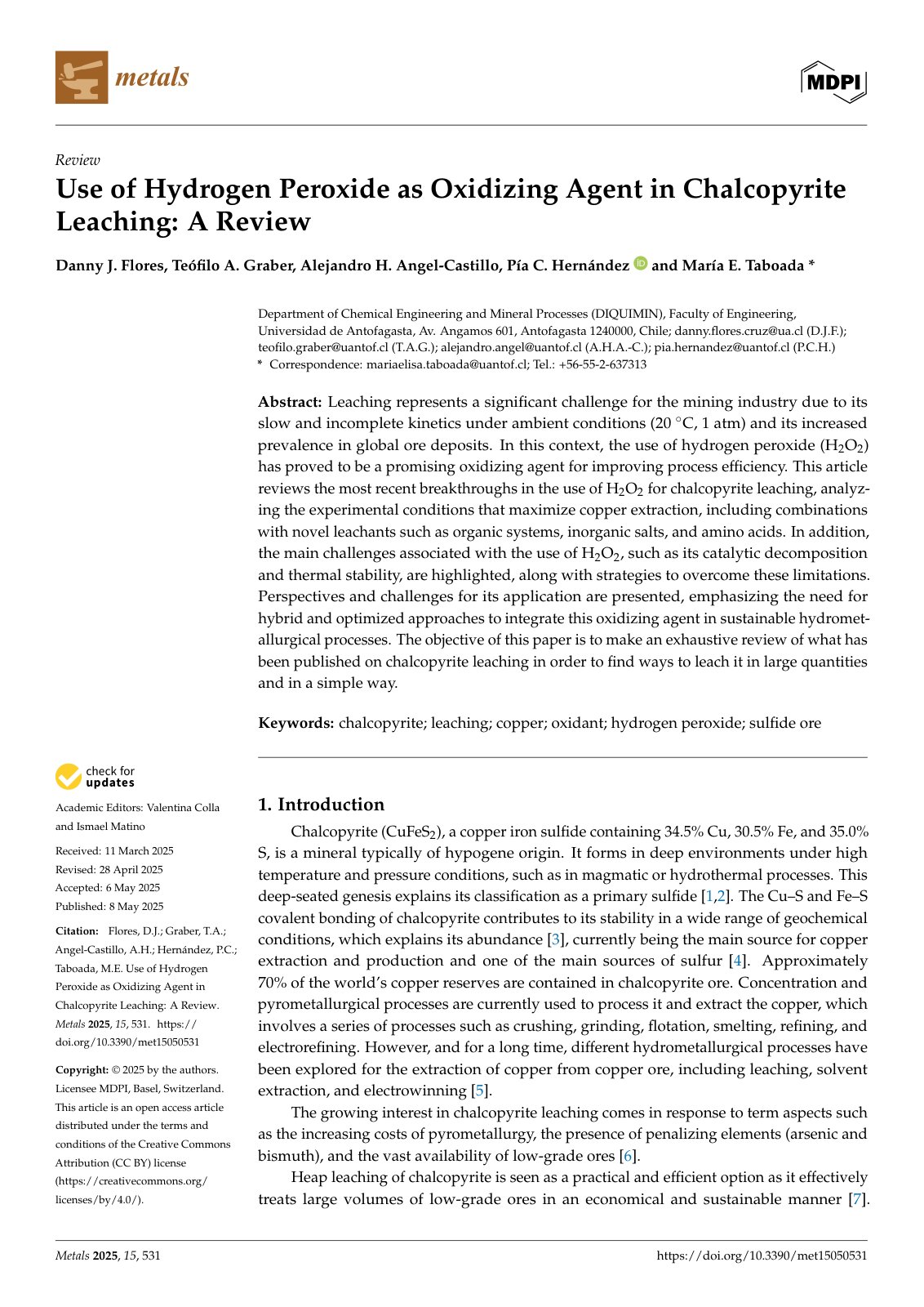 First page of 2025   Flores   Hydrogen Peroxide in Chalcopyrite Leaching