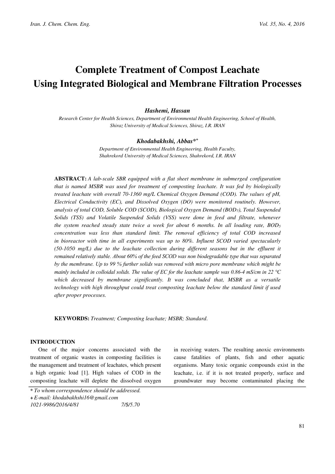 First page of Complete Treatment of Compost Leachate U