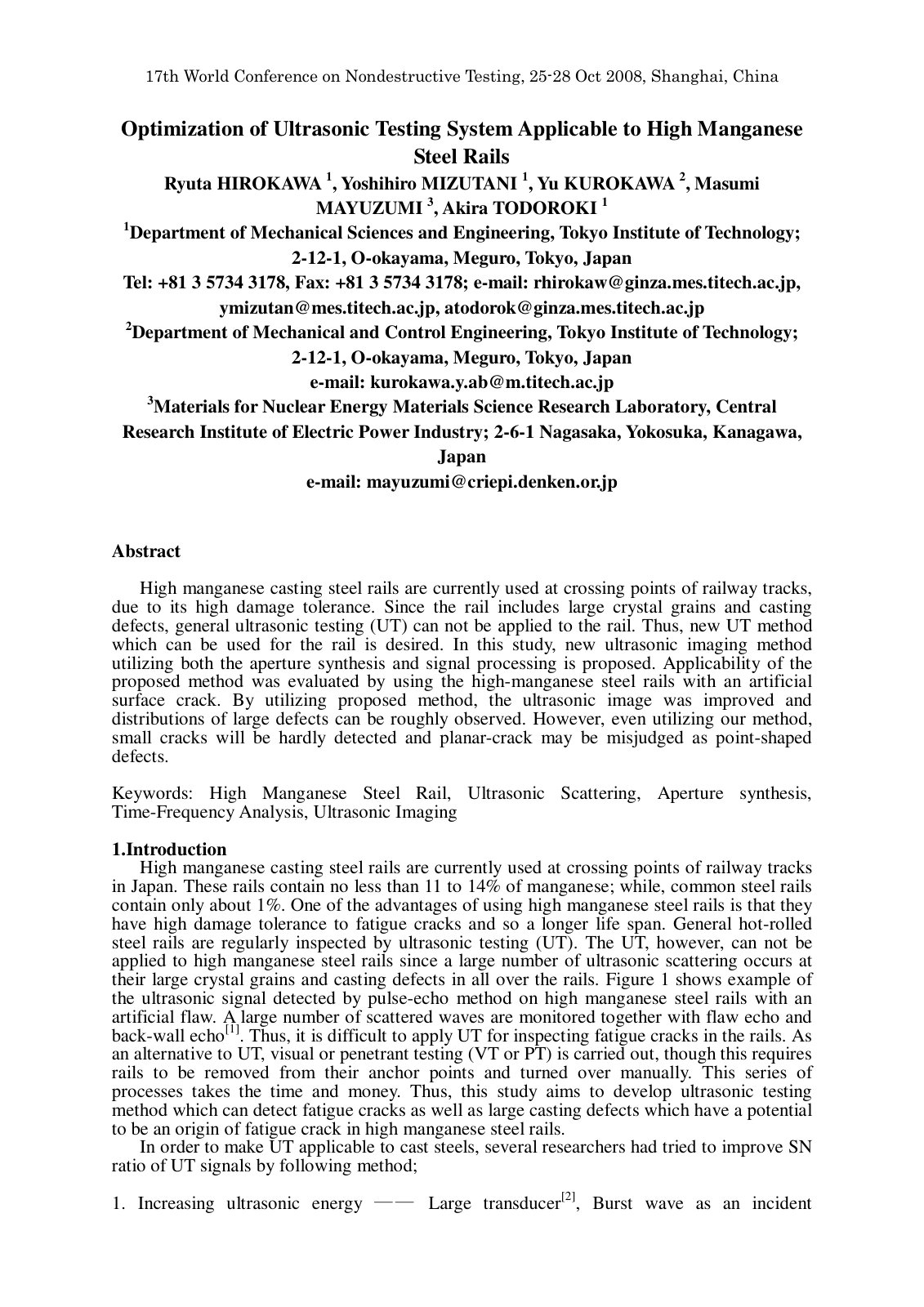 First page of Optimization of Ultrasonic Testing System Applicable to High Manganese Steel Rails