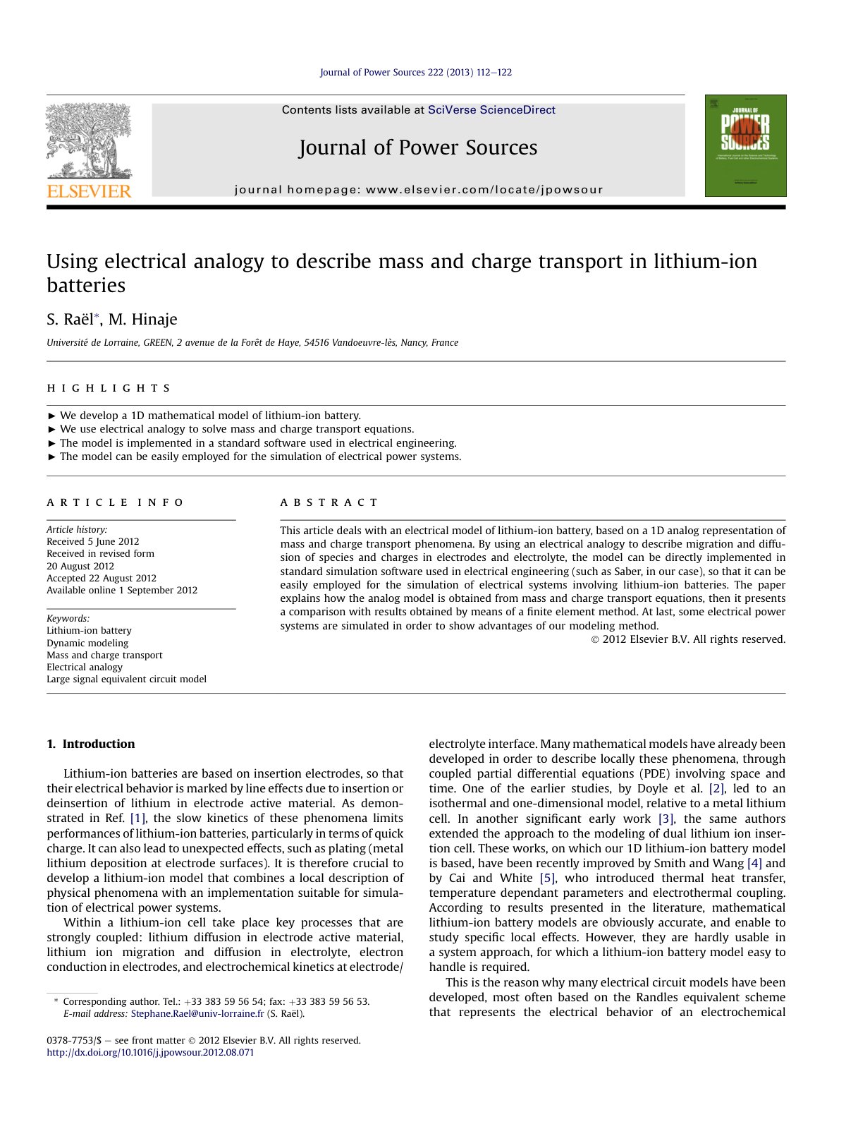 First page of Using electrical analogy to describe mass and charge transport in lithium-ion batteries