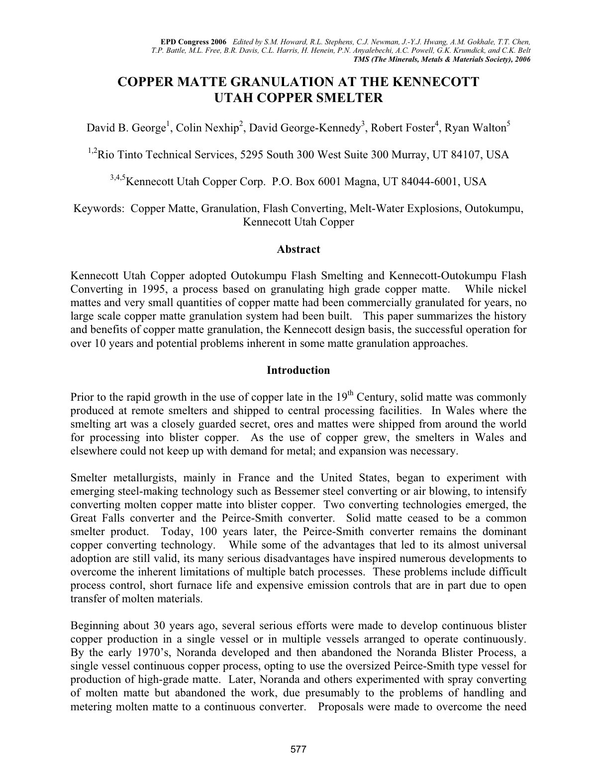 First page of COPPER MATTE GRANULATION AT THE KENNECOTT UTAH COPPER SMELTER