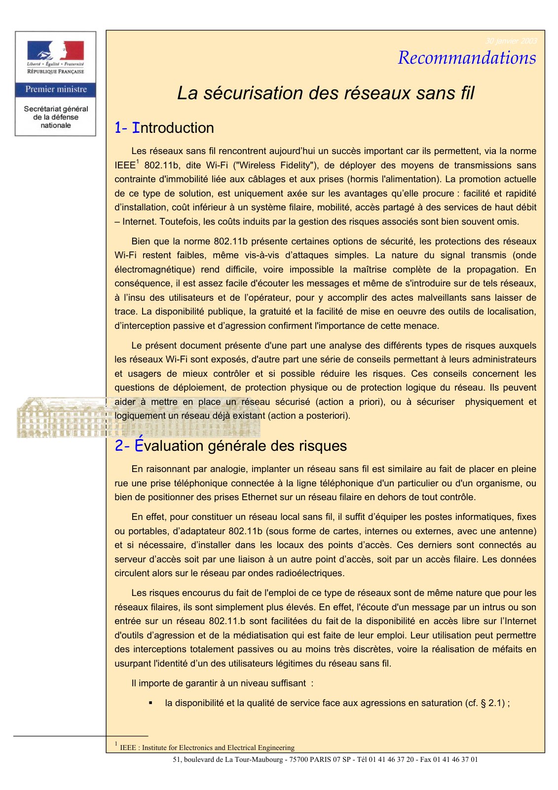 First page of Recommandations pour la sécurisation des réseaux sans fil