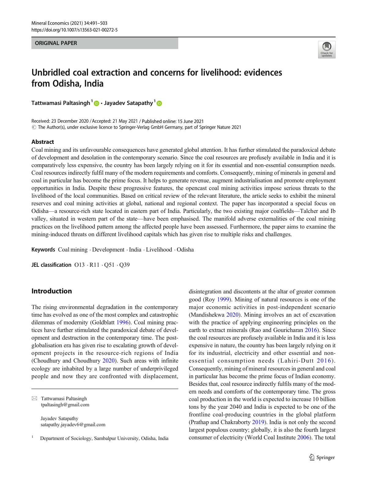 First page of Unbridled coal extraction and concerns for livelihood: evidences from Odisha, India