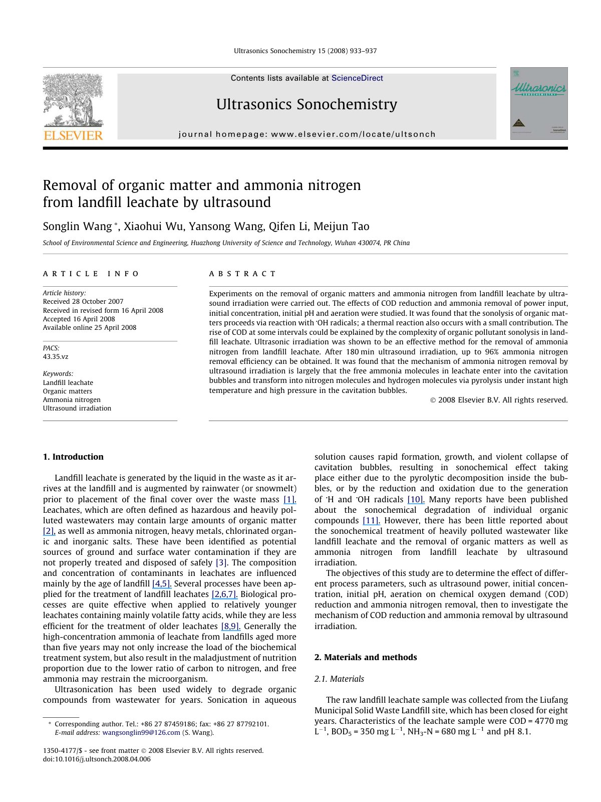 First page of Removal of organic matter and ammonia nitrogen from landfill leachate by ultrasound