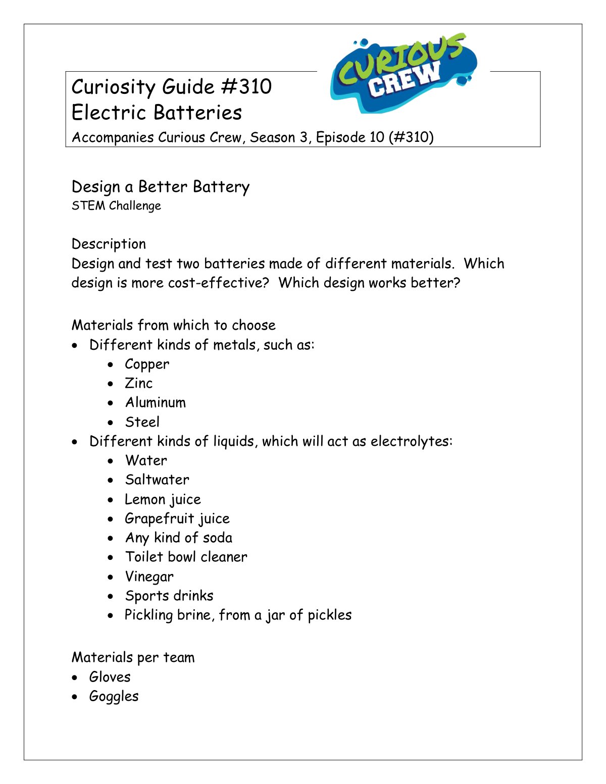 First page of 310 stem design a better battery curiosityguide