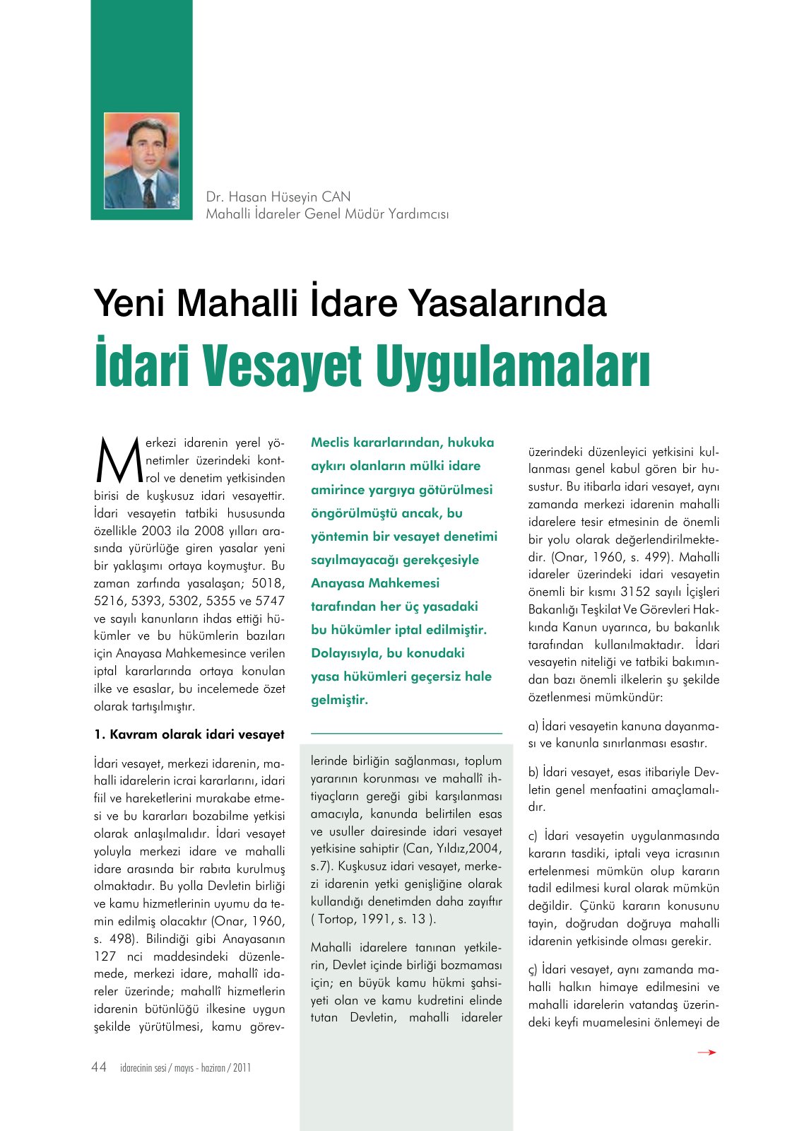 First page of Yeni Mahalli İdare Yasalarında İdari Vesayet Uygulamaları