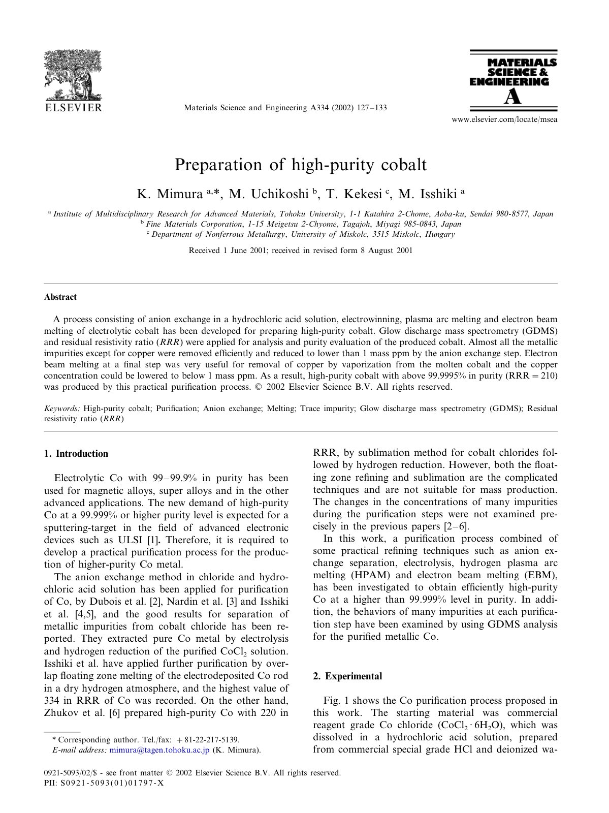 First page of Preparation of high purity cobalt