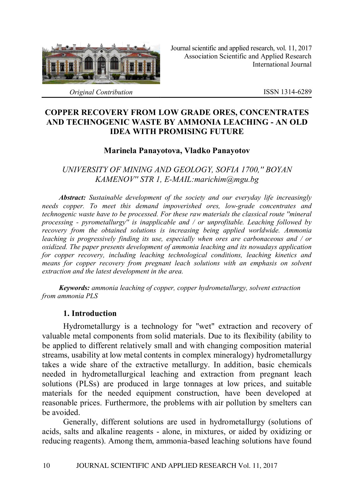 First page of Copper Recovery from Low Grade Ores Conc