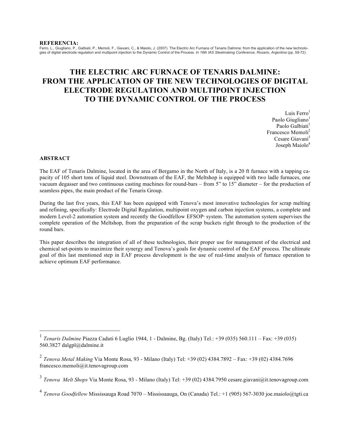 First page of The Electric Arc Furnace of Tenaris Dalm