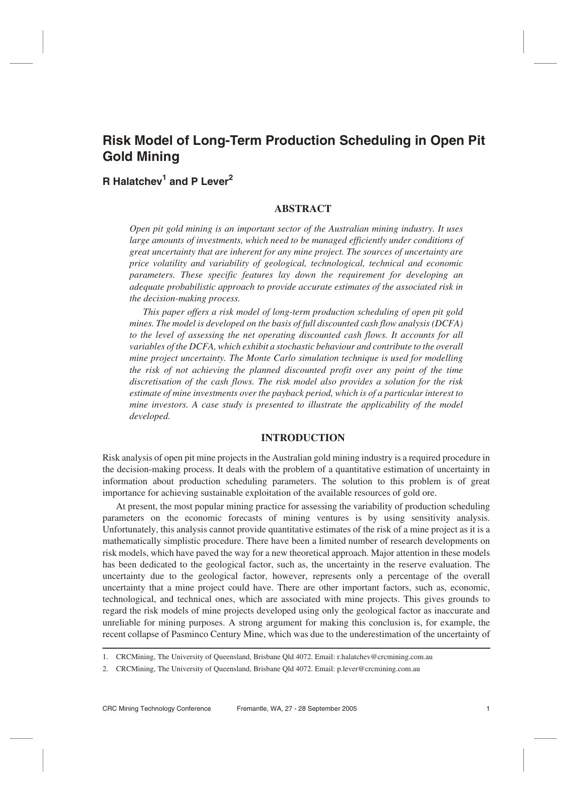 First page of Risk model of long term production sched