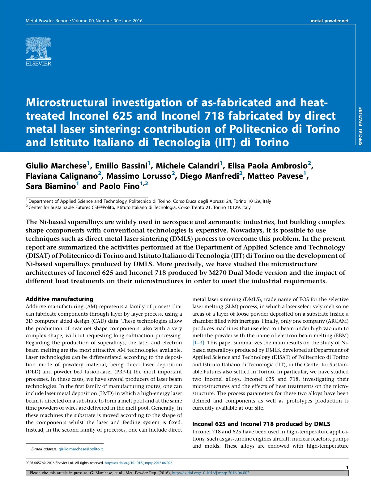 First page of Microstructural investigation of as-fabricated and heat-treated Inconel 625 and Inconel 718 fabricated by direct metal laser sintering: contribution of Politecnico di Torino and Istituto Italiano di Tecnologia (IIT) di Torino