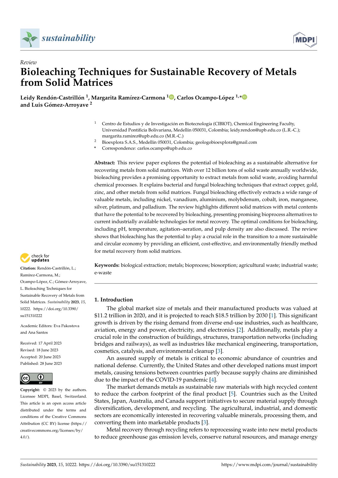 First page of Bioleaching Techniques for Sustainable Recovery of Metals from Solid Matrices