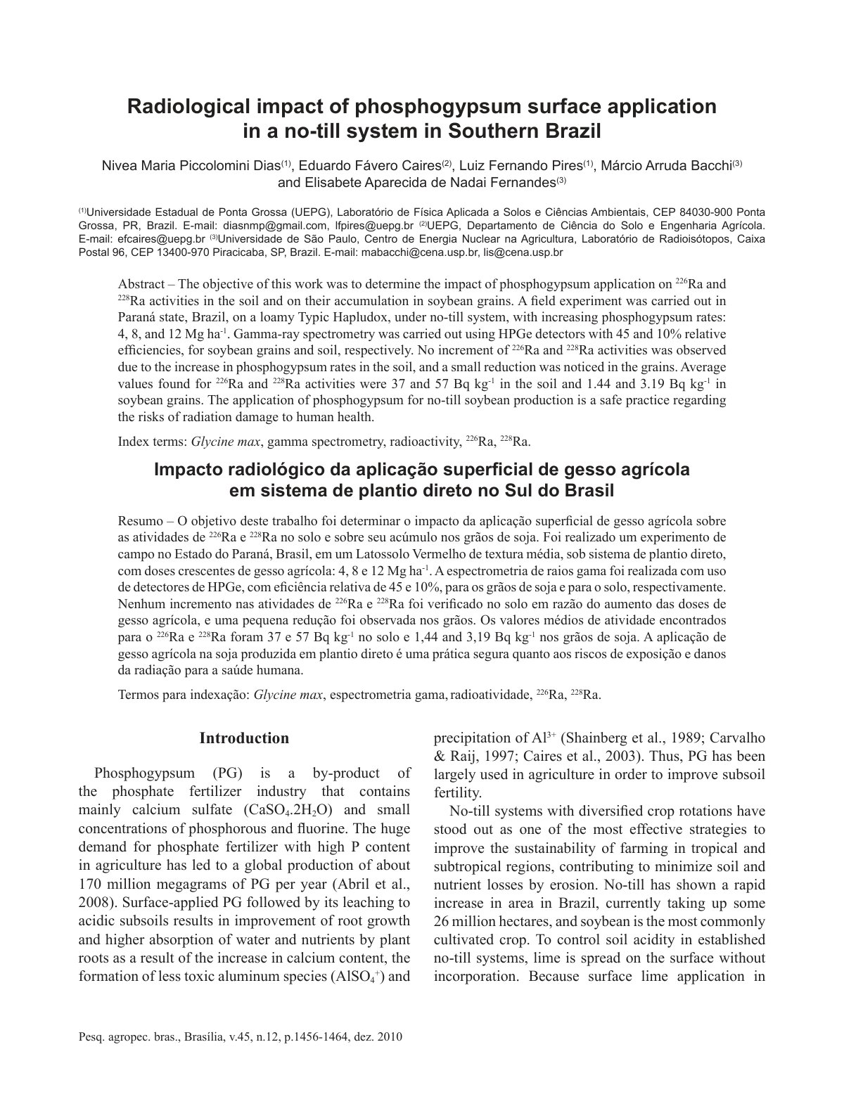 First page of Radiological impact of phosphogypsum surface application in a no‑till system in Southern Brazil