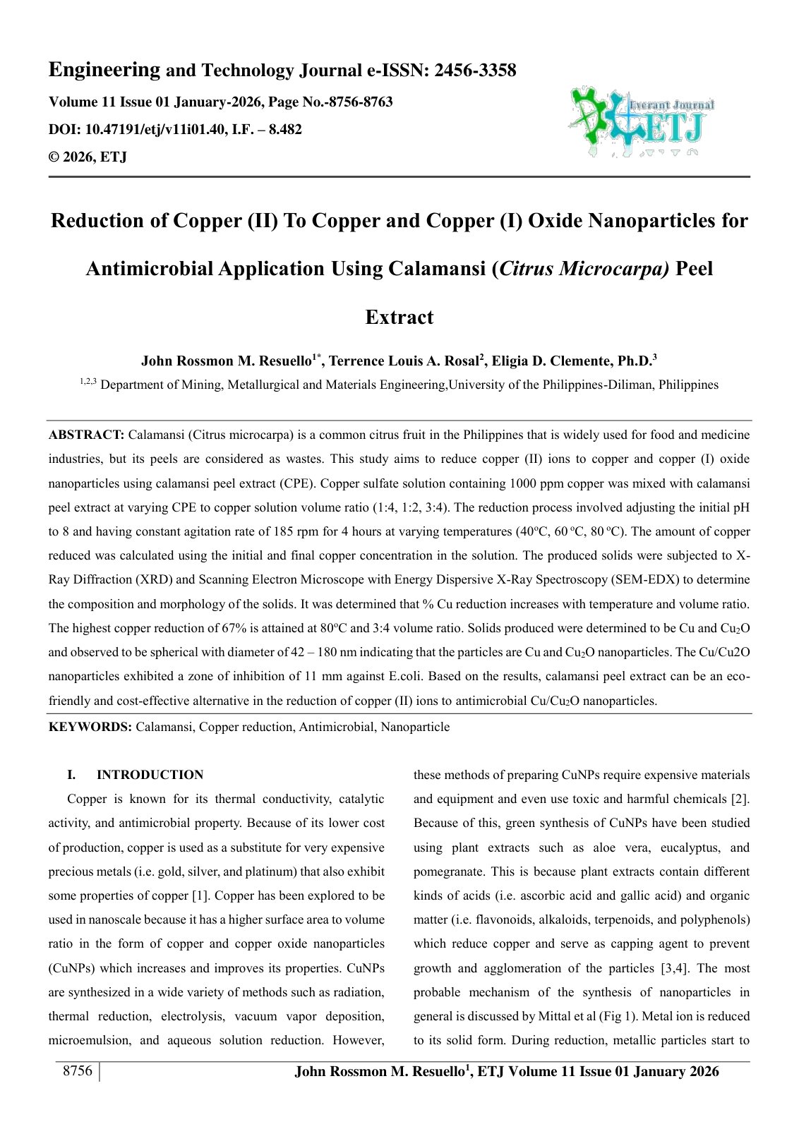 First page of Reduction of Copper (II) To Copper and Copper (I) Oxide Nanoparticles for  Antimicrobial Application Using Calamansi (Citrus Microcarpa) Peel  Extract  